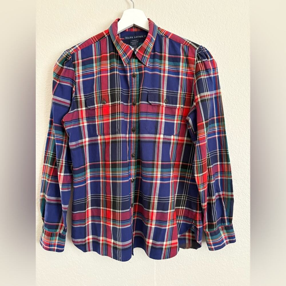 Ralph Lauren Womens Slim Fit Cotton Plaid Button Front Shirt Sz 14